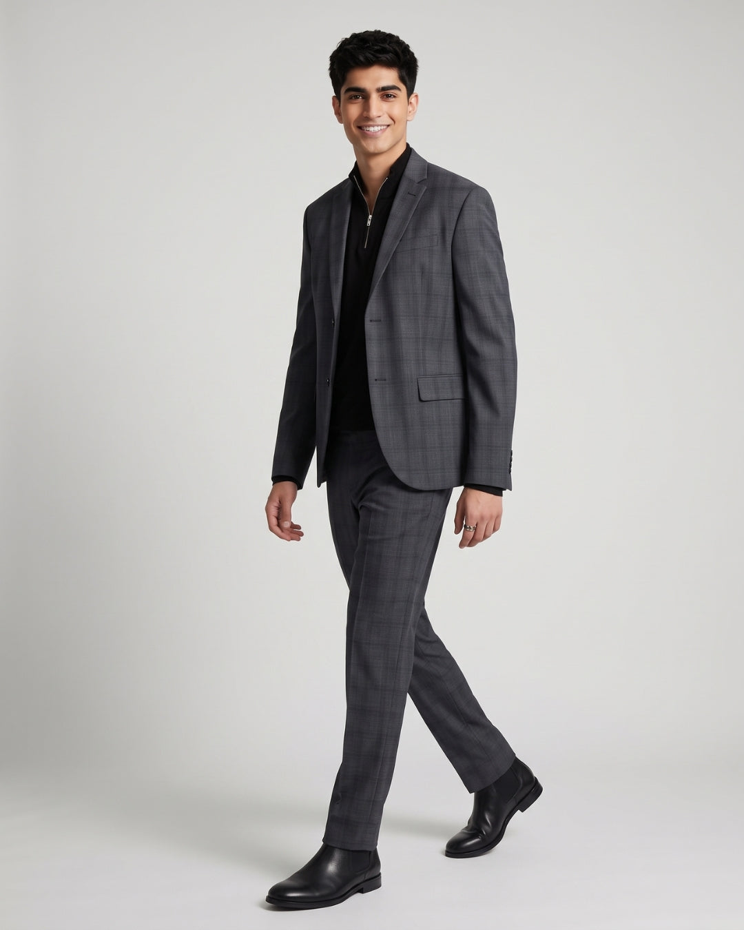 Classic Charcoal Plaid Blazer and Trouser Set