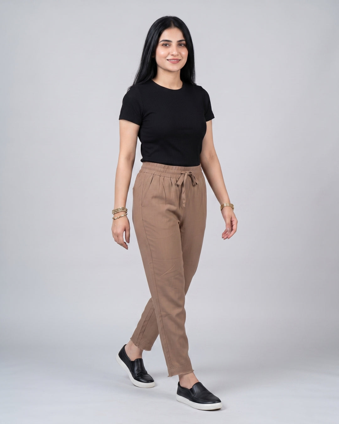 Taupe Drawstring Raw-Hem Trousers
