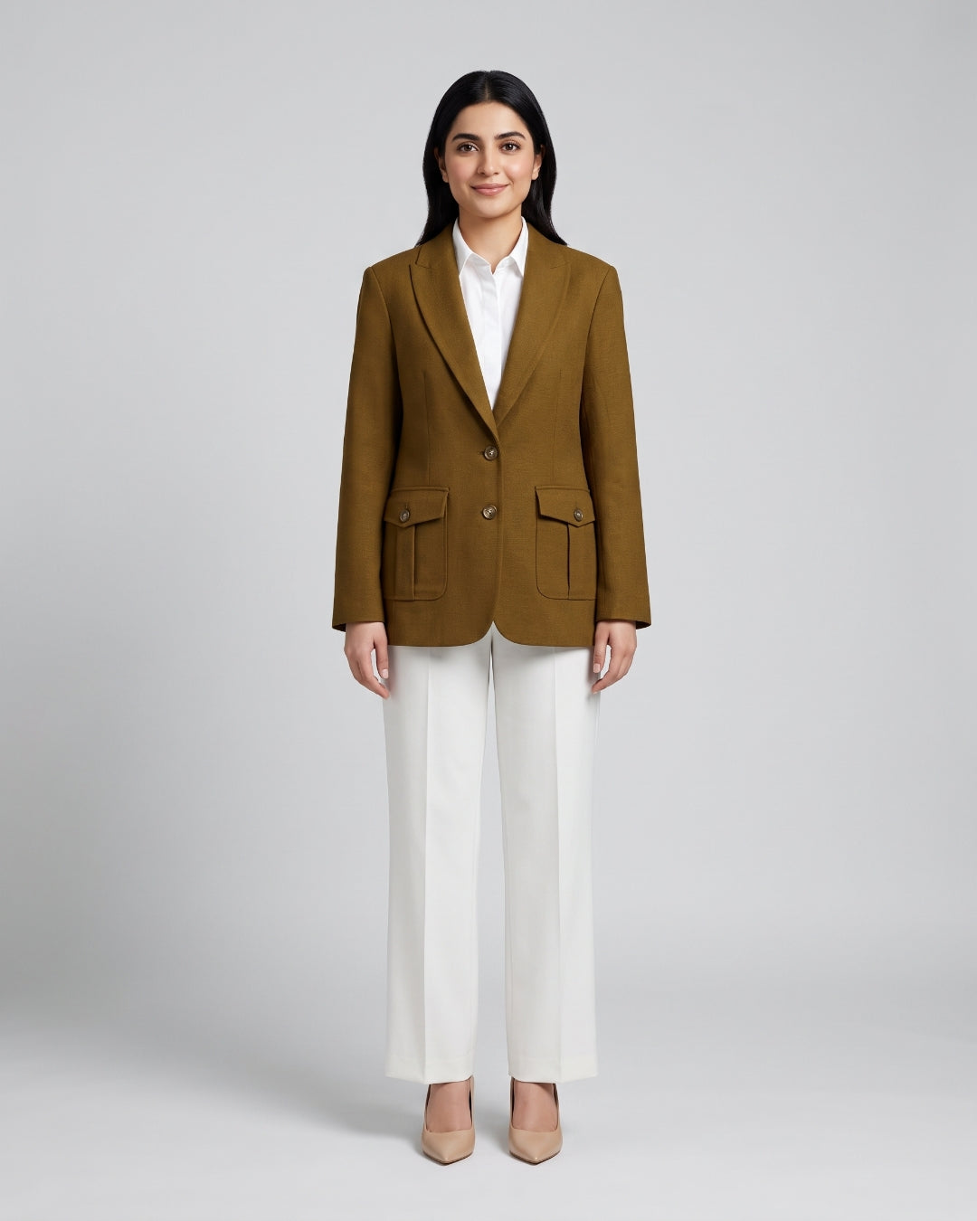 Structured Long-Sleeve Olive Gold Blazer