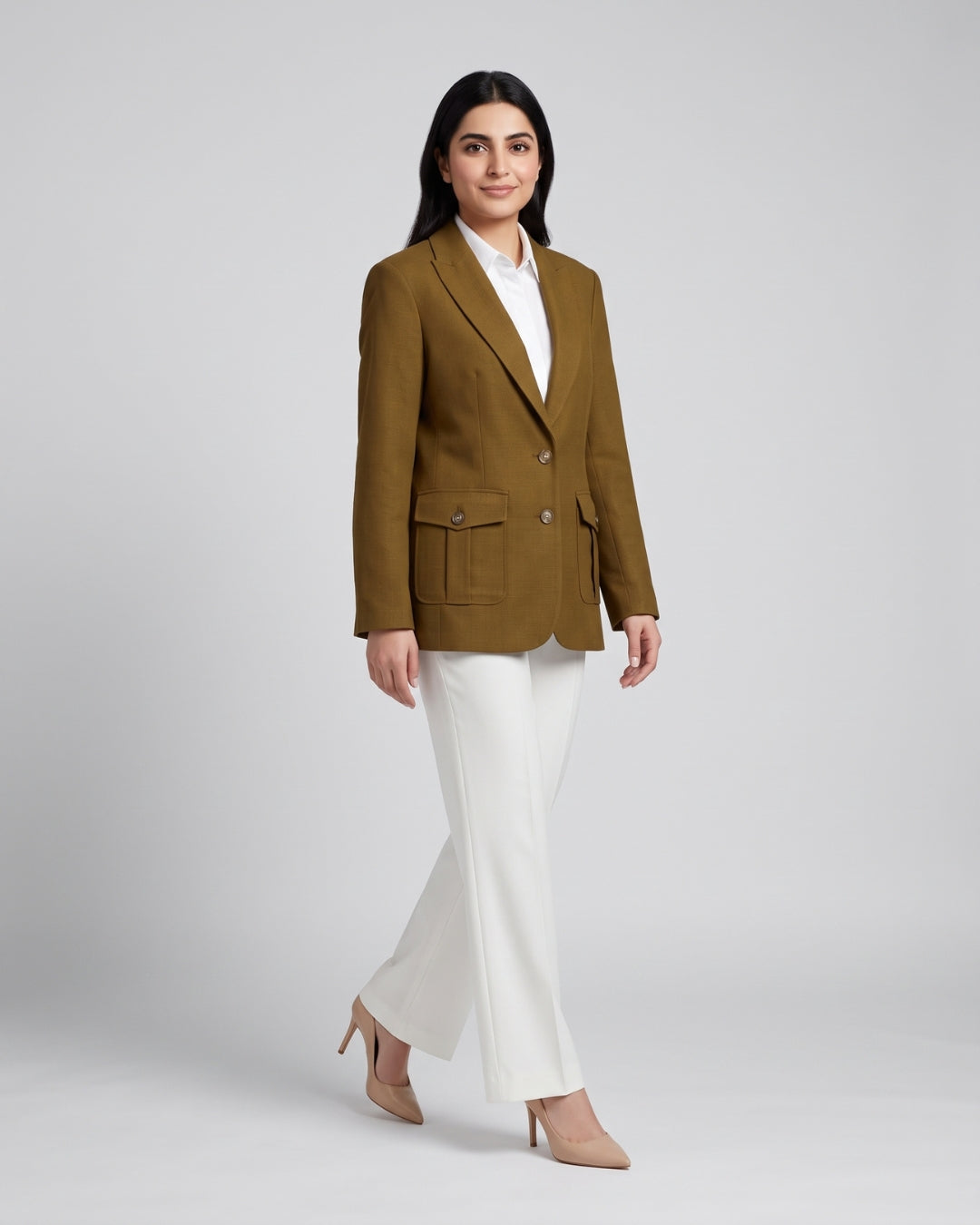 Structured Long-Sleeve Olive Gold Blazer