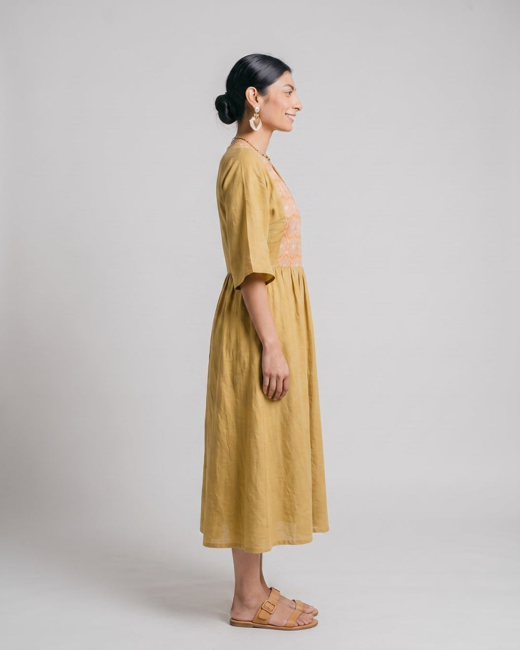 Ochre Bell-Sleeve Flowy Dress