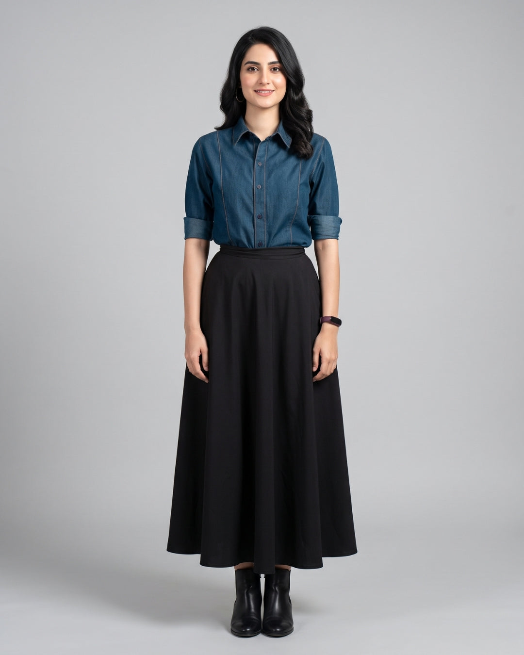 Contrast-Stitch Denim Button-Down