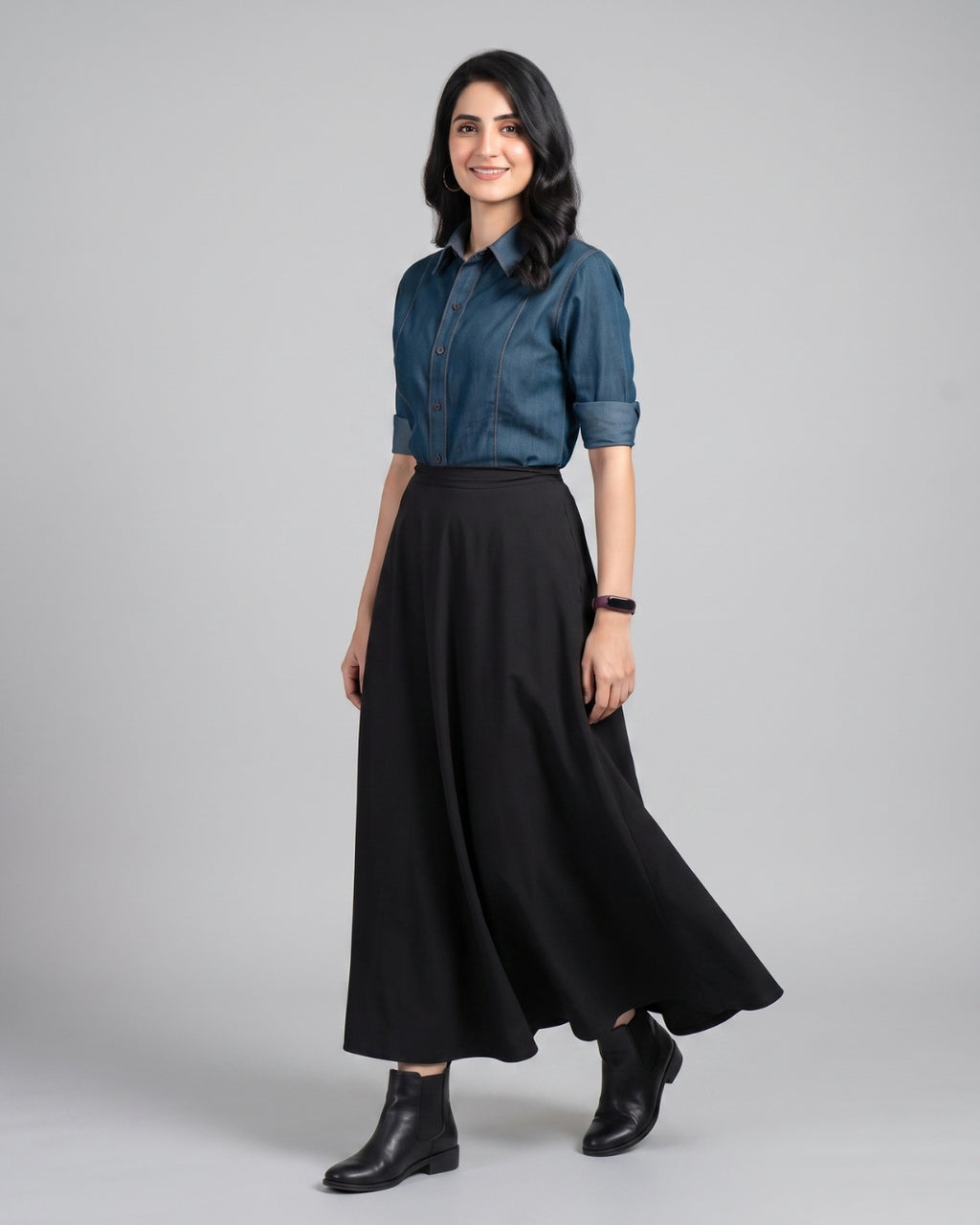 Contrast-Stitch Denim Button-Down