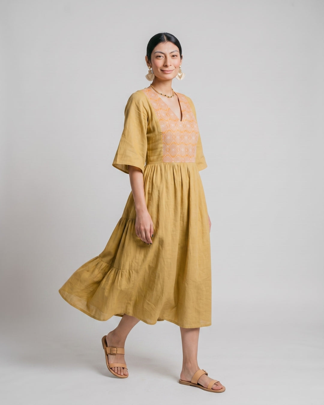 Ochre Bell-Sleeve Flowy Dress