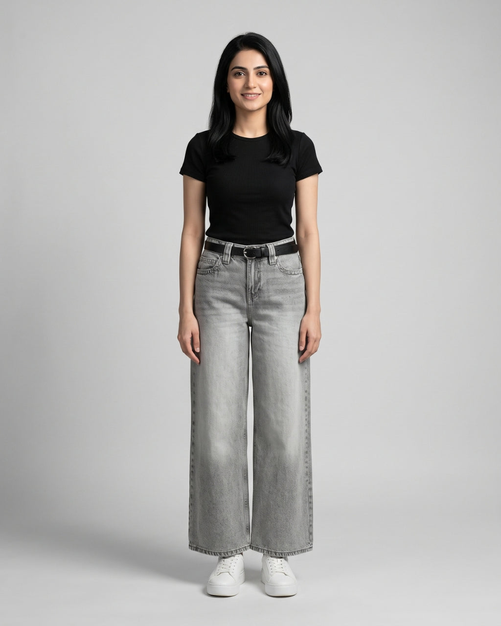 High-Waisted Grey Wide-Leg Jeans