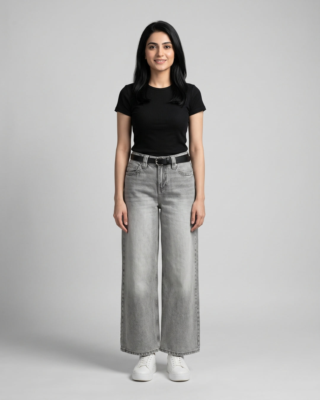 High-Waisted Grey Wide-Leg Jeans