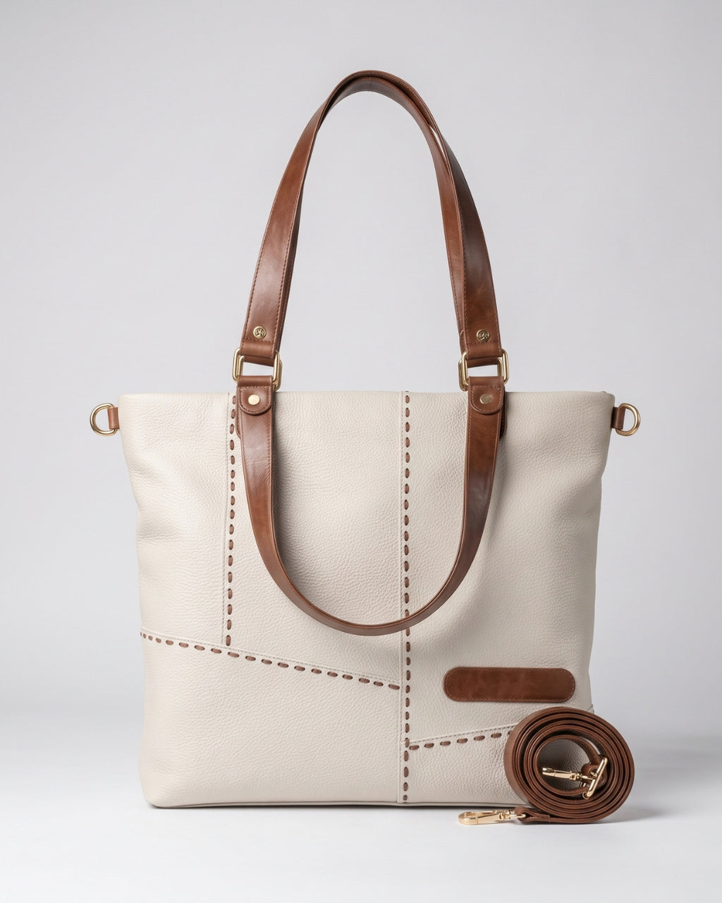Contrast-Stitch White Tote Bag
