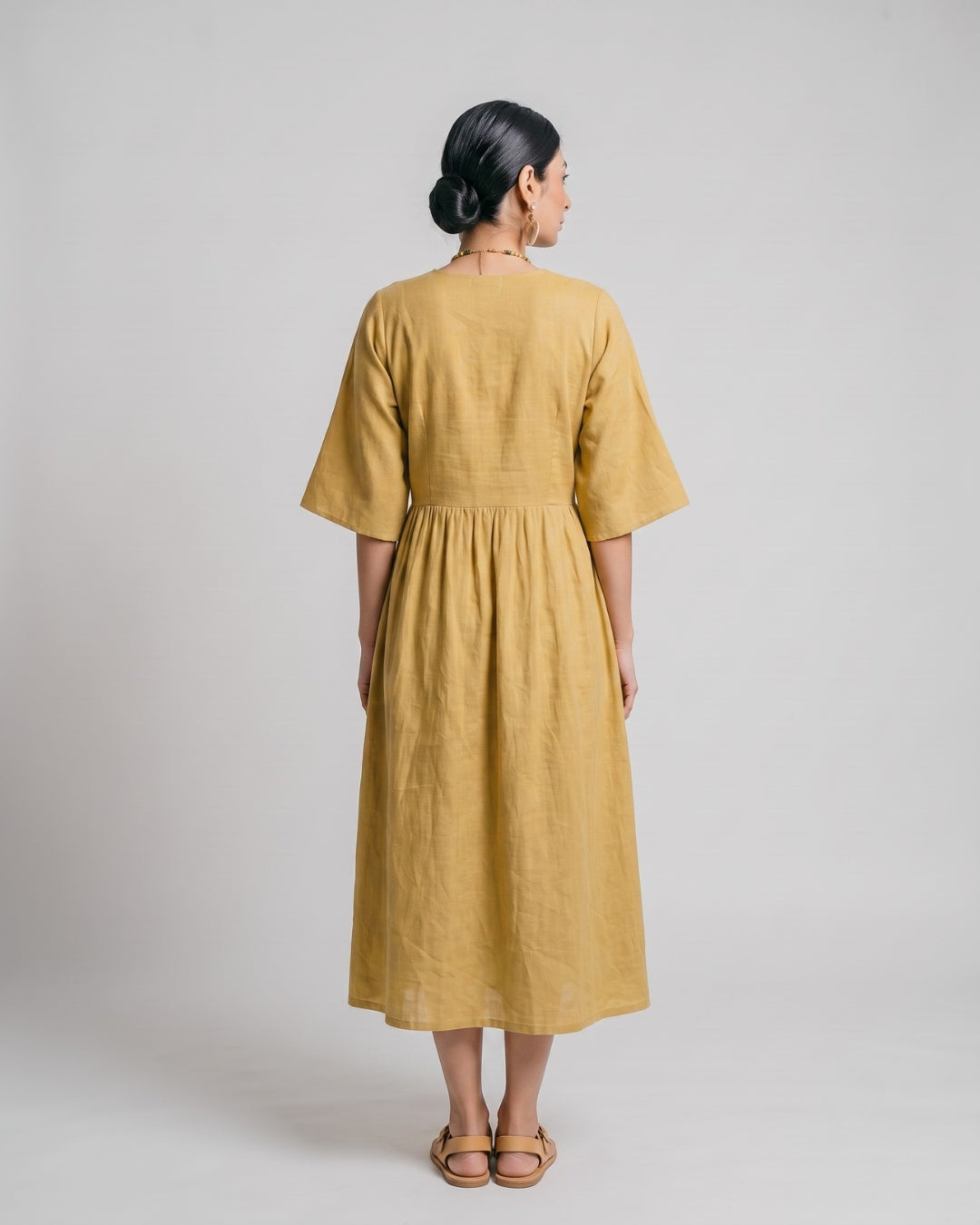 Ochre Bell-Sleeve Flowy Dress