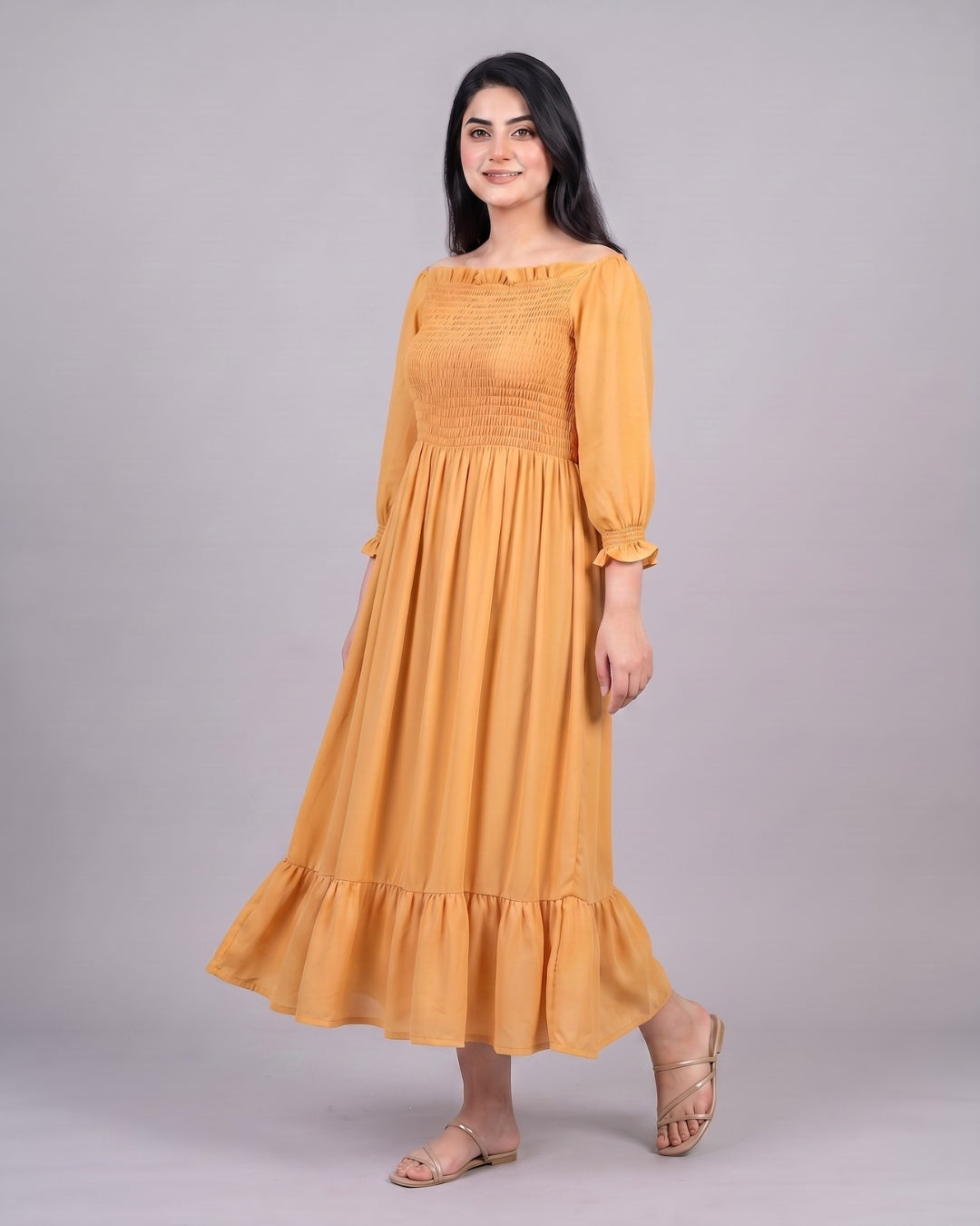 Off-Shoulder Ruffle-Hem Maxi
